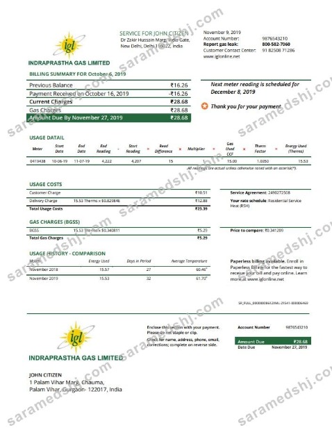 India Indraprasth Gas utility bill